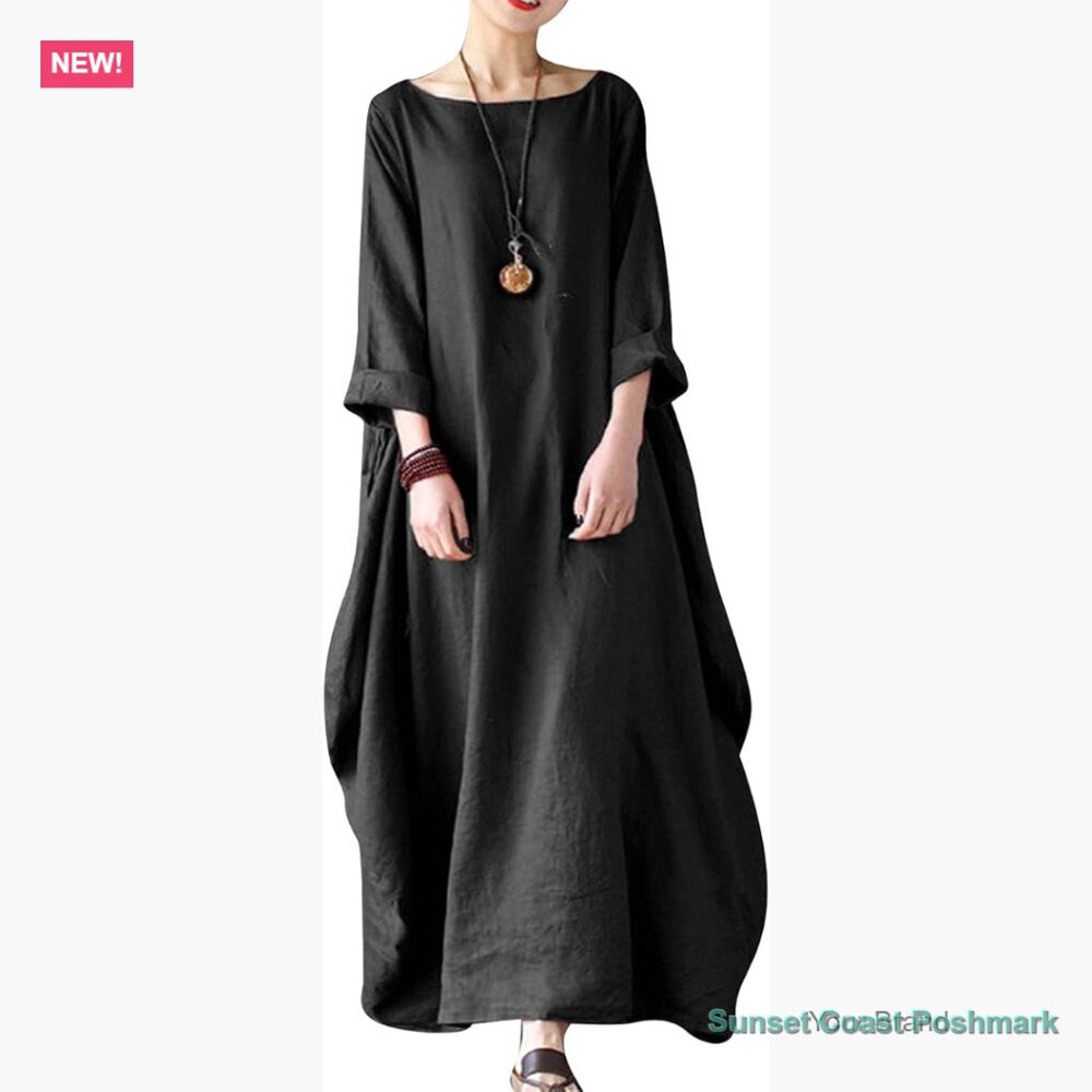 Relaxed Fit Black Cotton Maxi Dress with 3/4 Sleeves Pockets Boho Resort